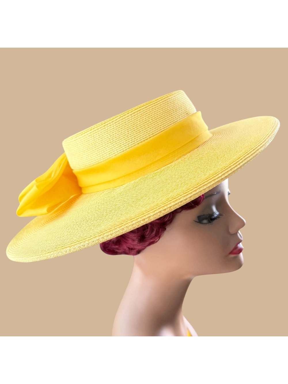 Vintage 80s Yellow Straw Wide Brimmed Hat, Chiffon Bow,  Sunhat, G. Fox